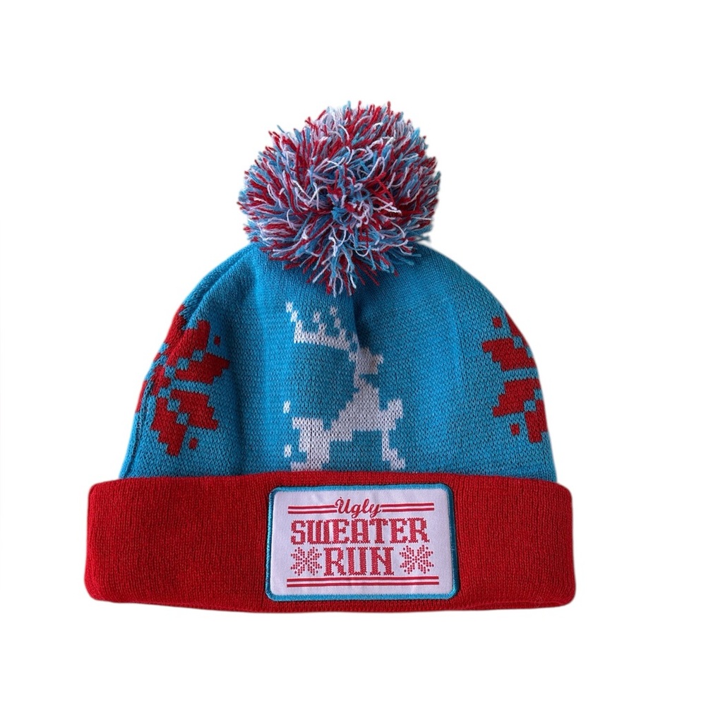 Ugly Sweater Run Winter Knit Pom-Pom Beanie Hat Unisex Adults One Size Blue/Red